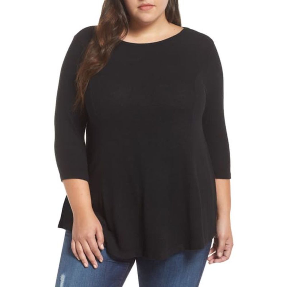 COLLECTION BY BOBEAU Womens Black Stretch 3/4 Sleeve Round Neck Top Plus 2X